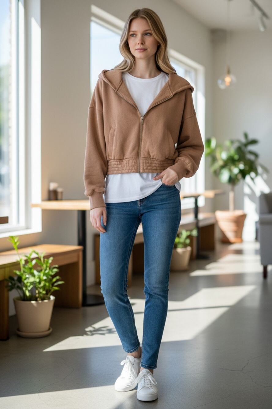 Abercrombie & Fitch Soft AF Essentials Brown Zip Up Long Sleeve Crop Hoodie Sz S